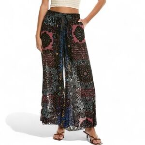 Johnny Was Axelle Burnout Silk-Blend Wide Leg Pants‎ Women's XL Multicolor